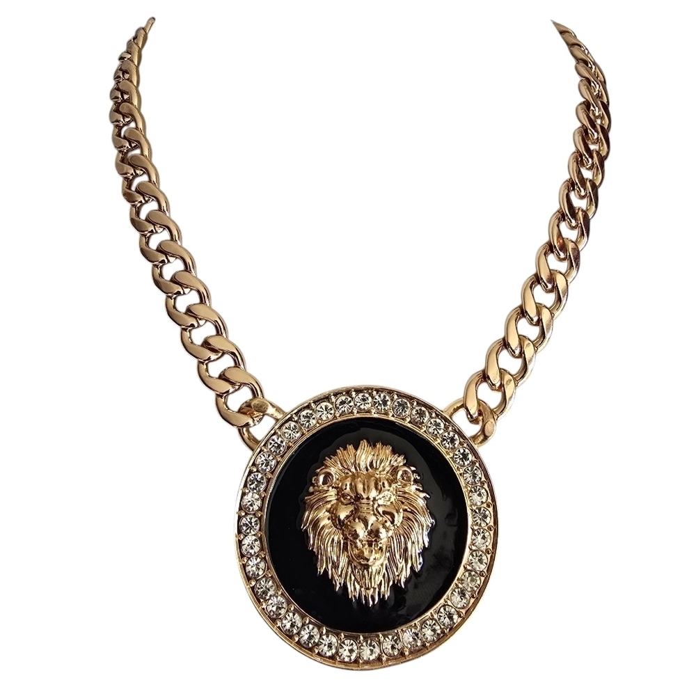 Gold Black Lion Head Hip Hop Pendant Greek Chunky Chain Necklace Medusa